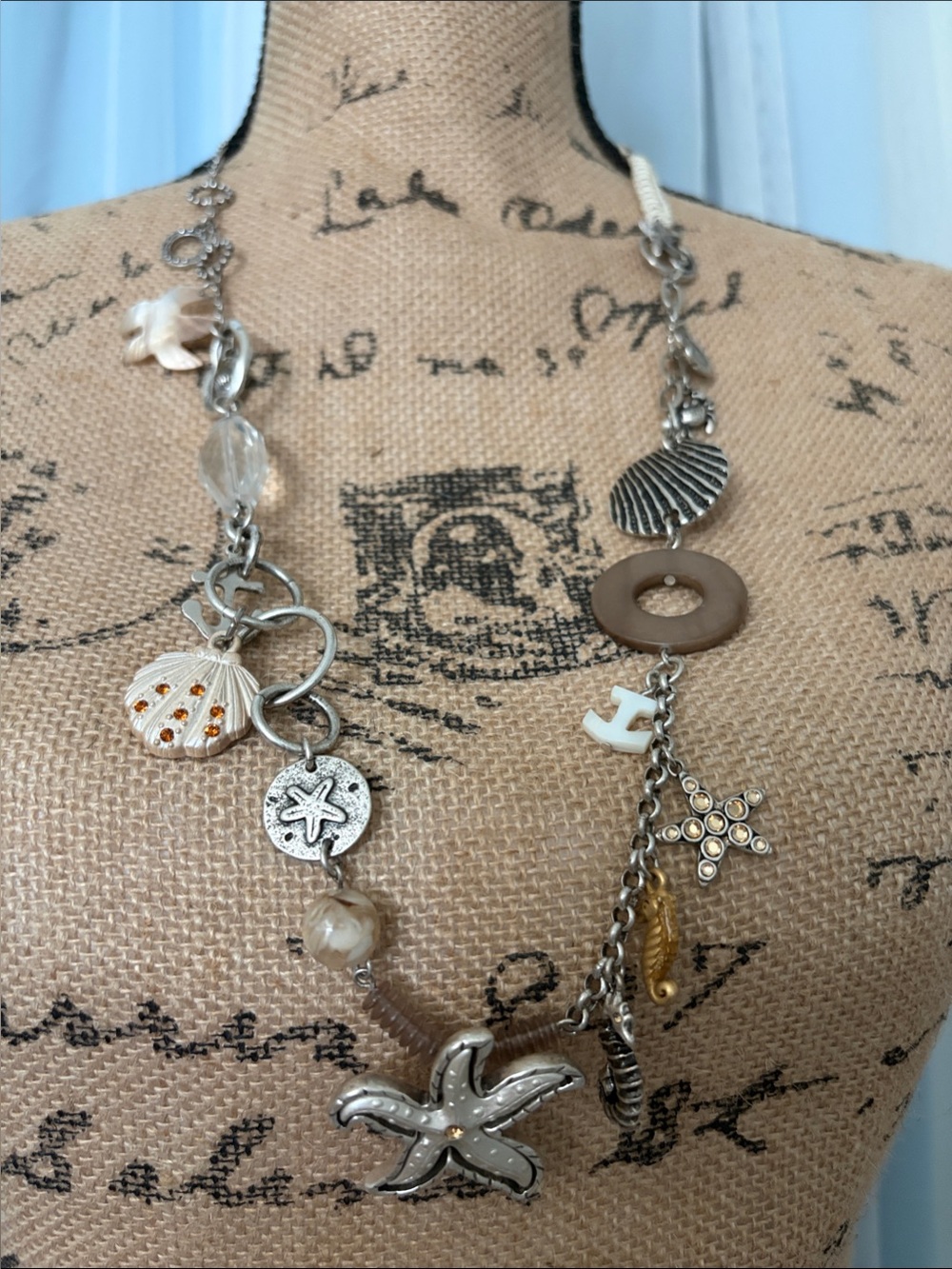 Chico's Silver and Cream Beach Charm Necklace with Brown Accents
